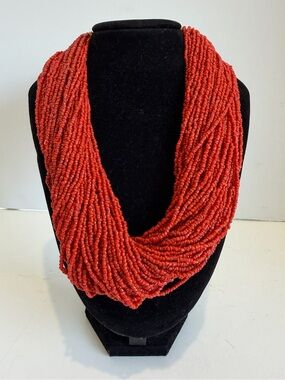 Vintage Multi Strand Red Coral Seed Bead Necklace 1940 India Coin Button